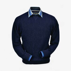 Peru Unlimited Baby Alpaca Wool Crew Neck Link Stitch Knit Sweater Navy Blue M